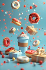 Flying and falling sweet colored donuts and a white cup of coffee on a blue background. Breakfast concept.