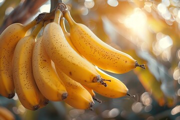 Banana Tree with Fruit: Cluster of bananas hanging from the tree. 