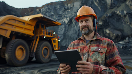 Miner worker in hard hat use computer tablet for control big yellow mining truck for coal. Concept technologies Open pit mine industry.