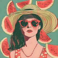 girl with watermelon, Hyper realistic vector art trendy young female girl pool sunbathing melon isolated on white backdrop
