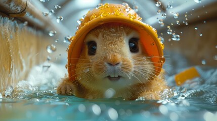   A tight shot of a small animal in a water basin, wearing a hat atop its head - obrazy, fototapety, plakaty
