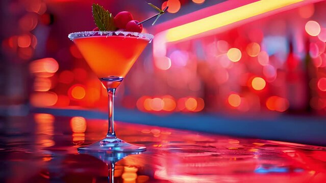 A detailed view of a cocktail placed on a bar counter. Close Up of Cocktail on Bar