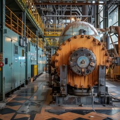 A large industrial machine with a yellow and blue casing. The machine is old and rusty. Concept of industrial decay and abandonment