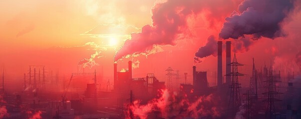 A city skyline with a red sun in the background and smoke coming out of the factories. Scene is one of pollution and industrialization - Powered by Adobe