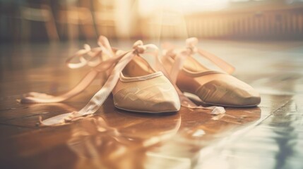 The close up picture of the shoe of the ballet dancer inside the rehearsal studio room, the ballet...