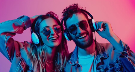 Happy modern young couple having fun together, woman and man listening to music with headphones