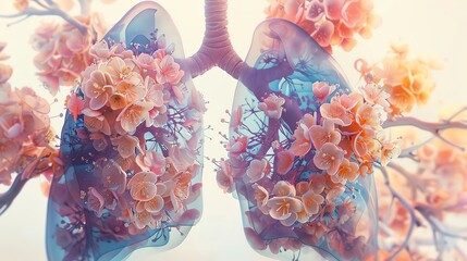 The image shows a pair of healthy lungs with delicate pink and blue flowers growing inside.