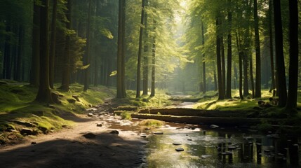 Obraz premium A tranquil forest scene with sunlight filtering through the trees,&nbsp;conveying the peace and serenity of nature.&nbsp;Concept of mindfulness and natural beauty