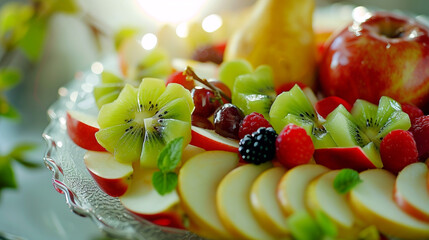Witness the artistry of a fruit platter, adorned with slices of apple, pear, and kiwi, creating a visually appealing and nutritious ensemble. HD camera captures the wholesome beauty