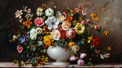 Colorful bouquet of flowers in a vase on the table, Bouquet of flowers in vase on the table Oil painting,Still life with a vase of flowers on the background of an old wall