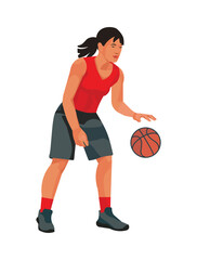 Thai women's basketball girl player in a red jersey hits the ball dribbling standing in a half turn