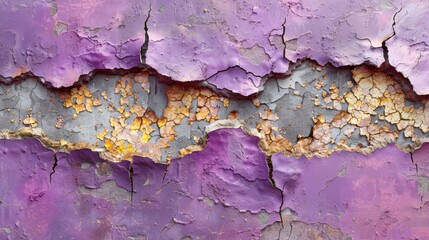   A tight shot of peeling paint on a purplish-gray wooden surface, with the most pronounced flakes...