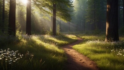 Sunlit Tranquility: A Realistic Forest SceneLush Greenery and Golden Sunlight