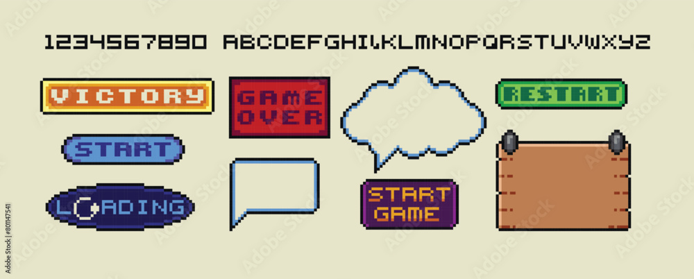 Poster pixel art frames. retro 8 bit buttons, arrows, speech bubble messages and quote frame. game ui vecto