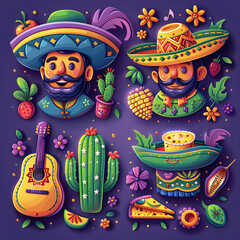 Colorful illustration of Mexican cultural elements including two characters wearing sombreros, a guitar, cactus, and traditional food.