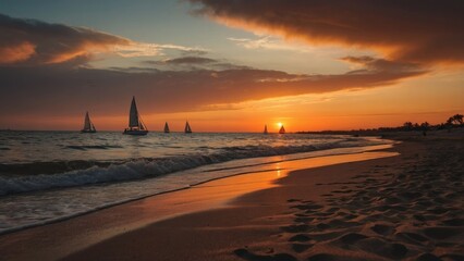 Serene Sunset Beach SceneCalm Waves & Distant Sailboat in Peaceful Ocean