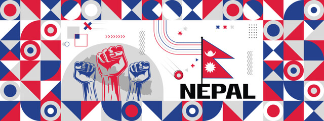 Obraz premium Flag and map of Nepal with raised fists. National day or Independence day design for Counrty celebration. Modern retro design with abstract icons. Vector illustration.