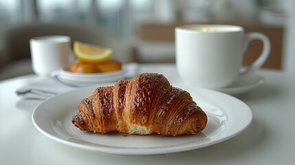   A croissant rests on a pristine white plate, accompanied by a steaming mug of coffee and an adjacent plate laden with oranges