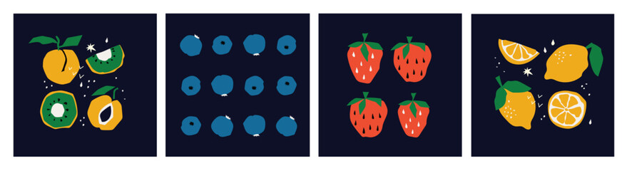 Organic food banners in flat style. Fruits and cereals geometry minimalistic with simple shape and figure. Great for flyer, web poster, natural products presentation templates, cover design.