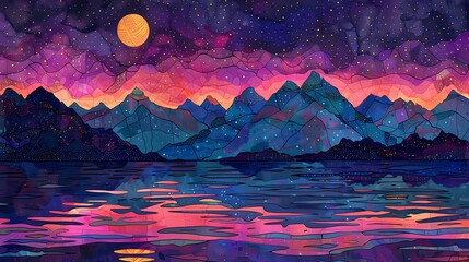 Purple and pink mountains and rivers illustration poster background - obrazy, fototapety, plakaty