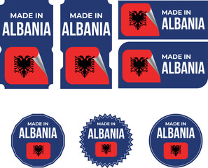 Made in Albania, vector logos with Albania flag painted circles and stripe