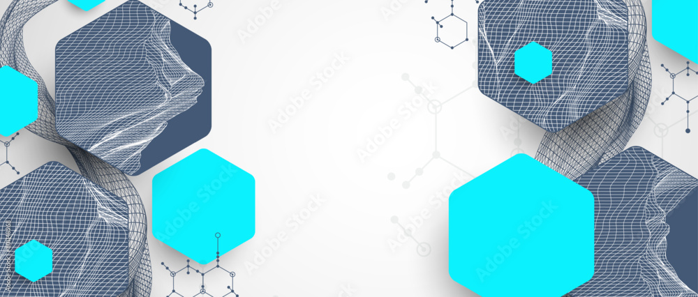 Aufkleber Scientific and technological background. Wireframe wave with hexagons of different types on a gray gradient.