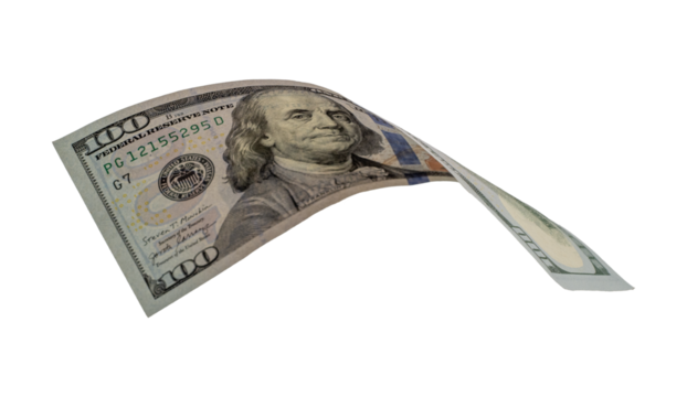 Flying money 100 dollar isolated with clipping path on  background.