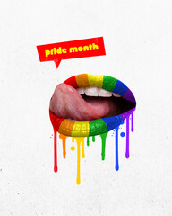Poster. Contemporary art collage. mouth with rainbow colored lipstick dripping from it, tongue sticking out and speech bubble says Pride Month. Concept of human rights, love diversity celebration. Ad