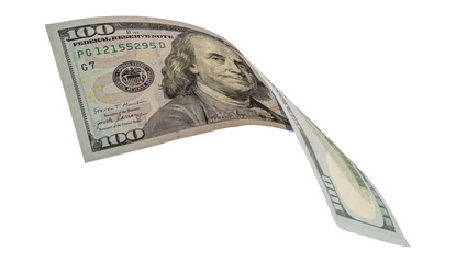 Flying money 100 dollar isolated with clipping path on  background.