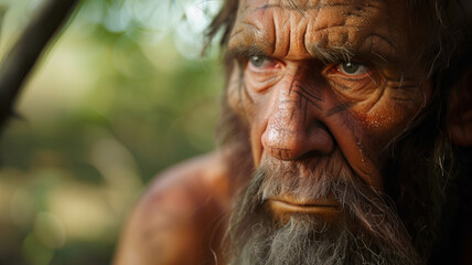 Portrait Neanderthalensis contemplative primitive Man with natural Backdrop, sunset light.