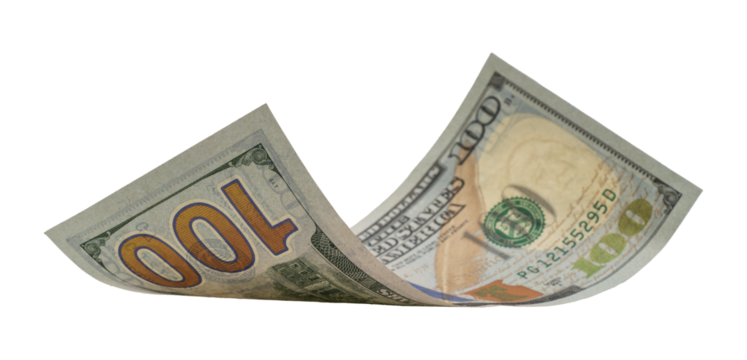 Flying money 100 dollar isolated with clipping path on  background.