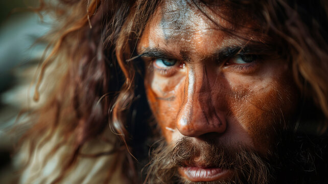 Portrait Neanderthalensis contemplative primitive Man with natural Backdrop, sunset light.