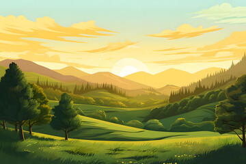 Afternoon Splendor, Golden Sunlight on Verdant Hills with Maple Trees. Realistic hills landscape. Vector background