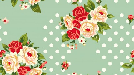   A light green background with white polka dots and red and pink flowers Red and white flowers also appear on the same light green background