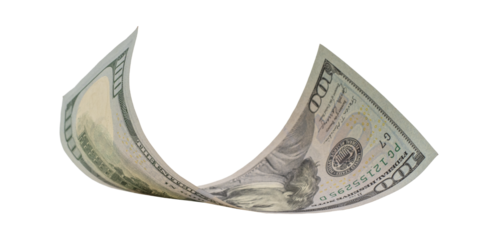 Flying money 100 dollar isolated with clipping path on  background.
