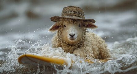   A sheep in a hat atop a surfboard in the ocean, surfboard visible in the foreground