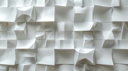   A tight shot of a white mosaic wall, comprised of various square and rectangular shapes, all differing in size