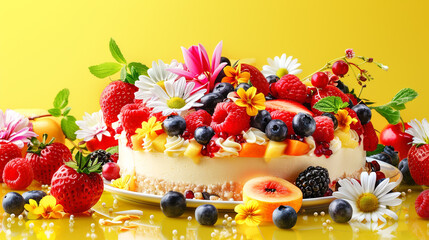 
Pasion fruit cheesecake in yellow backround with flowers and fruits