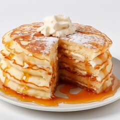 delicious fluffy pancakes with the topping of butter and sugar syrup on a plate with a slice cut out, white background