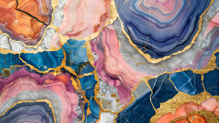 wallpaper, minimalist geometric pattern, modern mosaic inlay, texture of bright multicolored marble agate and gold marble background. Generative AI.