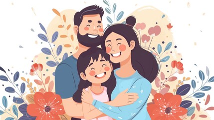 Illustration of happy family. Father, mother and daughter on floral background. Flat illustration in cartoon style. Family day concept