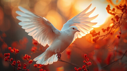   A white bird flies above a tree, adorned with red berries on its branches Sun glows behind