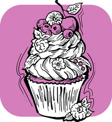 Sweet tasty dessert cupcake with cream and deco for morning breakfast in café or restaurant. Mini birthday cake for pleasure. Hand drawn retro vintage colorful vector illustration. Old style drawing.