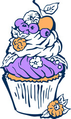 Sweet tasty dessert cupcake with cream and deco for morning breakfast in café or restaurant. Mini birthday cake for pleasure. Hand drawn retro vintage colorful vector illustration. Old style drawing.