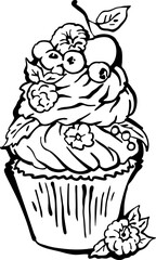 Sweet tasty dessert cupcake with cream and deco for morning breakfast in café or restaurant. Mini birthday cake for pleasure. Hand drawn retro vintage colorful vector illustration. Old style drawing.