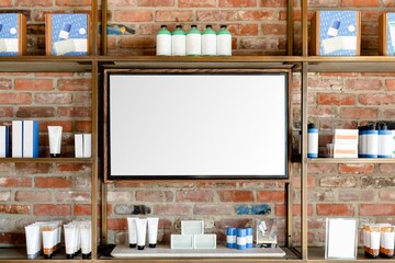 White TV screen with hair products shelves, industrial barber shop interior