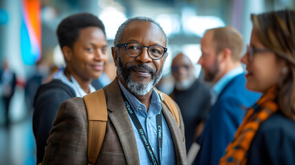 Obraz premium A smiling African American businessin a suit walks past a cafe with people socializing outdoors