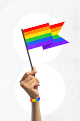 Fototapeta premium Poster. Contemporary art collage. female hand with rainbow colored bracelet holds flag of LGBT community. Support for LGBTQ rights. Concept of freedom, love diversity celebration. Ad