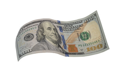 Flying money 100 dollar isolated with clipping path on  background.