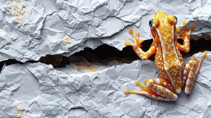   A yellow-and-white speckled gecko sits atop a pristine white sheet of paper Behind it, a cracked wall is visible